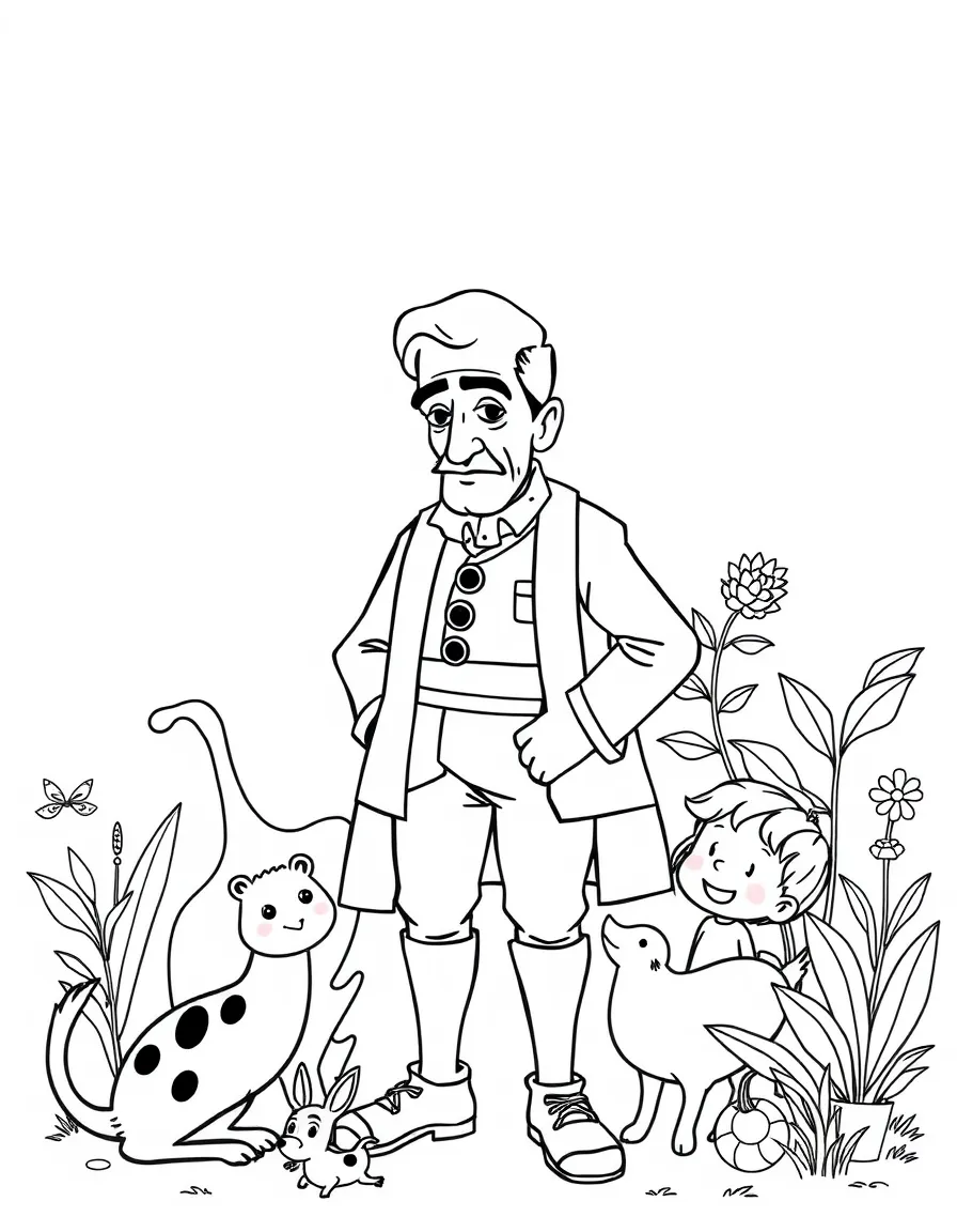 A playful scene showing Pablo Picasso in a historical outfit with animals, plants, or kids nearby.