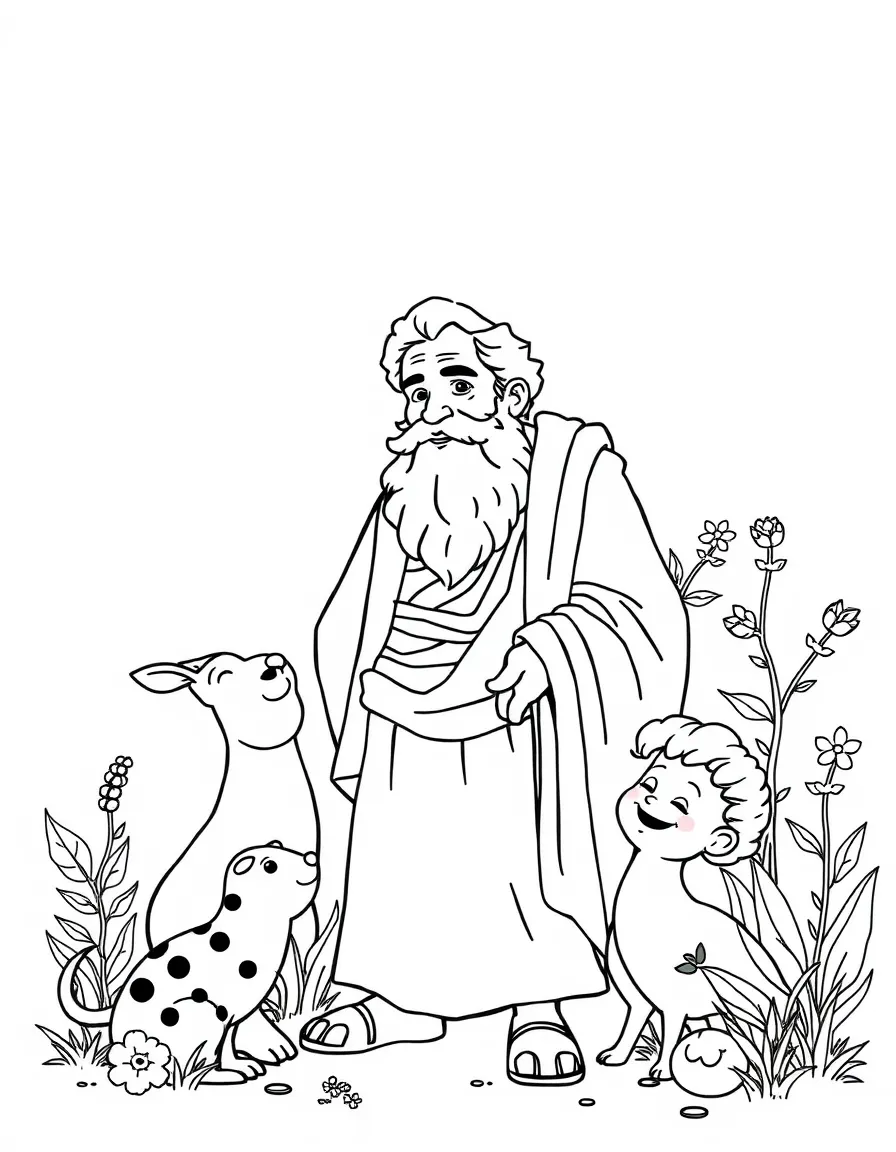 A playful scene showing Plato in a historical outfit with animals, plants, or kids nearby.