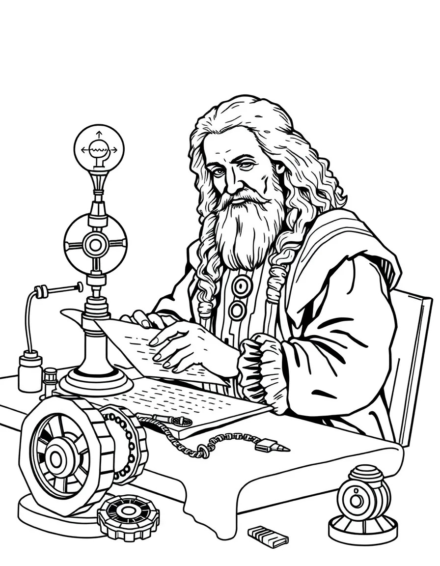Leonardo da Vinci working on their famous invention or idea, with gears, papers, or lab equipment drawn simply.