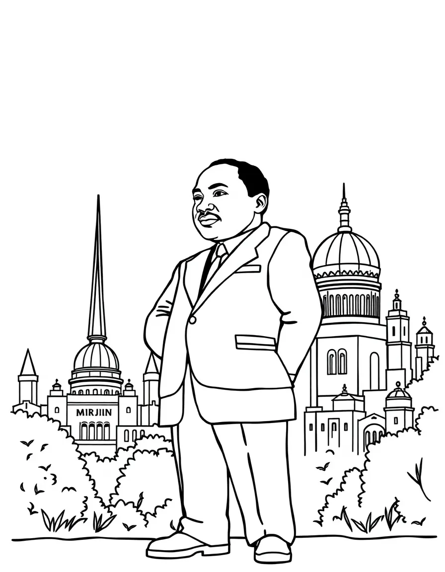 Martin Luther King Jr. standing proudly with historical landmarks in the background, drawn with clear bold lines for coloring.