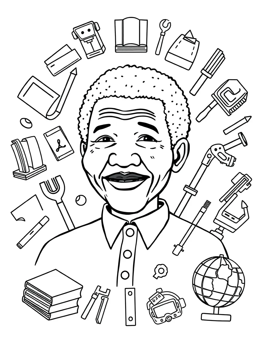 A cartoon-style drawing of Nelson Mandela surrounded by symbols of their achievements, like books, tools, or globes.