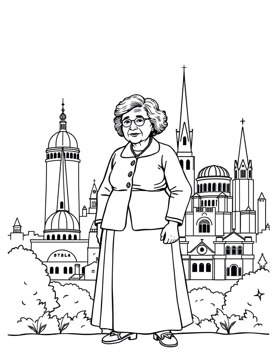 Helen Keller standing proudly with historical landmarks in the background, drawn with clear bold lines for coloring.