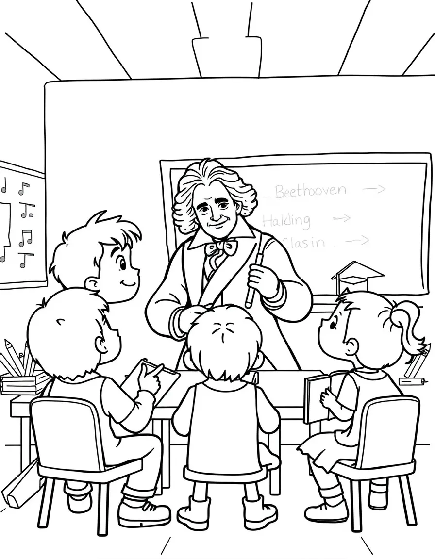 Beethoven teaching children, with educational items like chalkboards and pencils, in a friendly classroom scene.