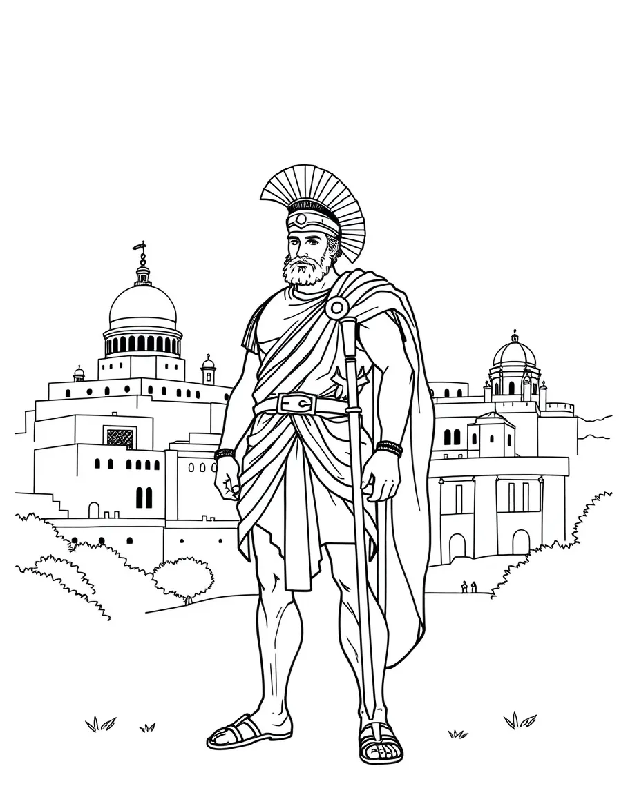 Alexander the Great standing proudly with historical landmarks in the background, drawn with clear bold lines for coloring.