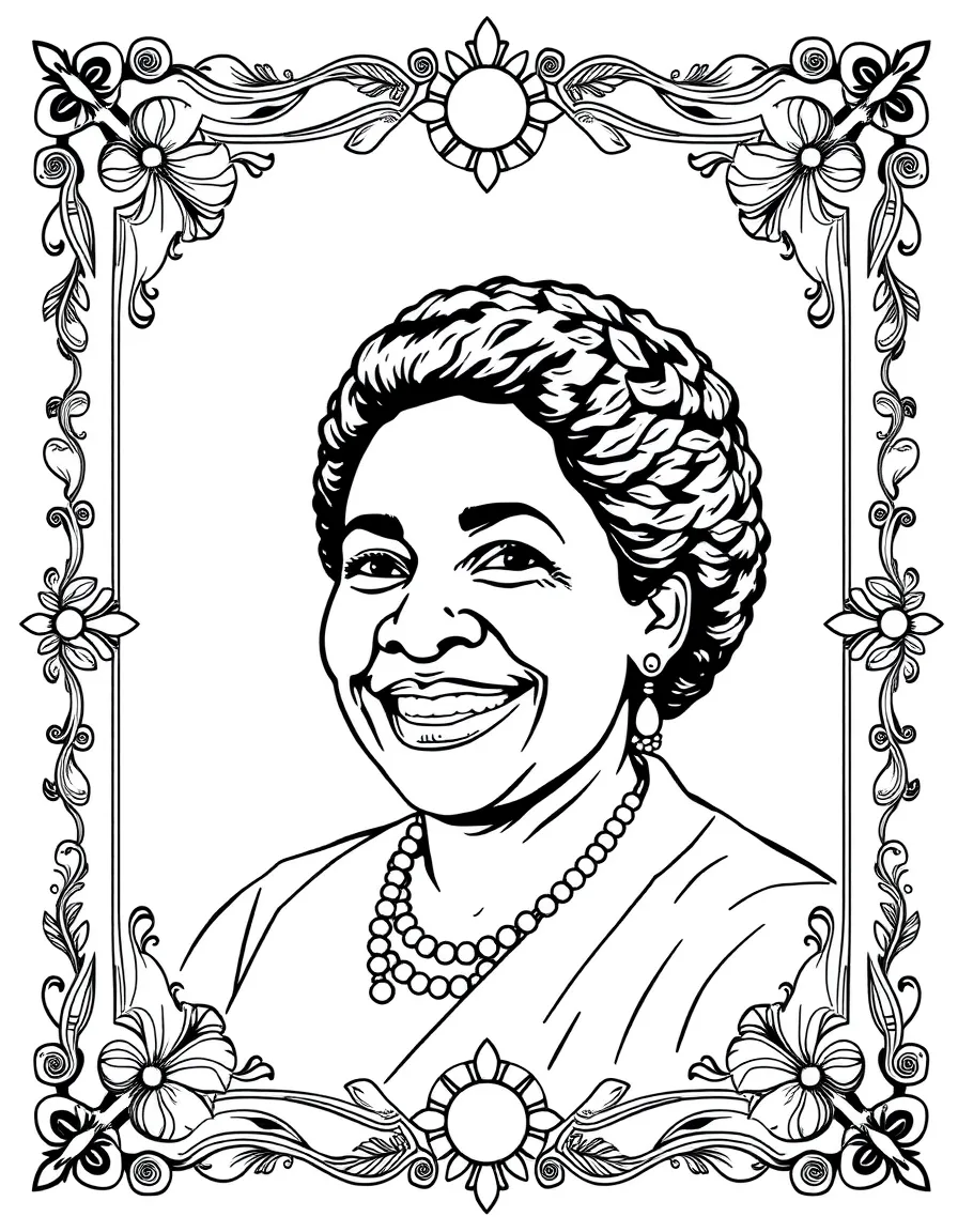 A portrait of Rosa Parks with a big smile, framed with decorative borders and symbols of their time period.