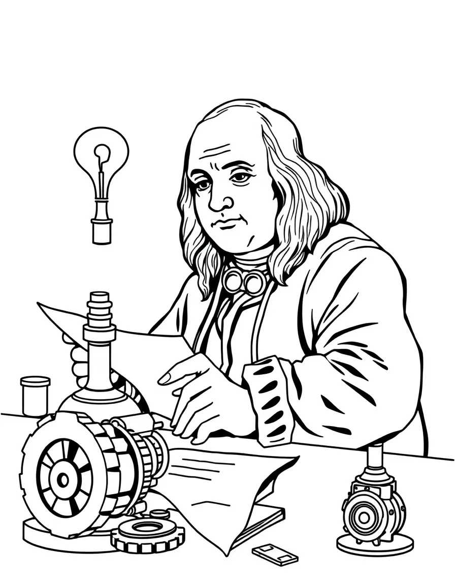 Benjamin Franklin working on their famous invention or idea, with gears, papers, or lab equipment drawn simply.