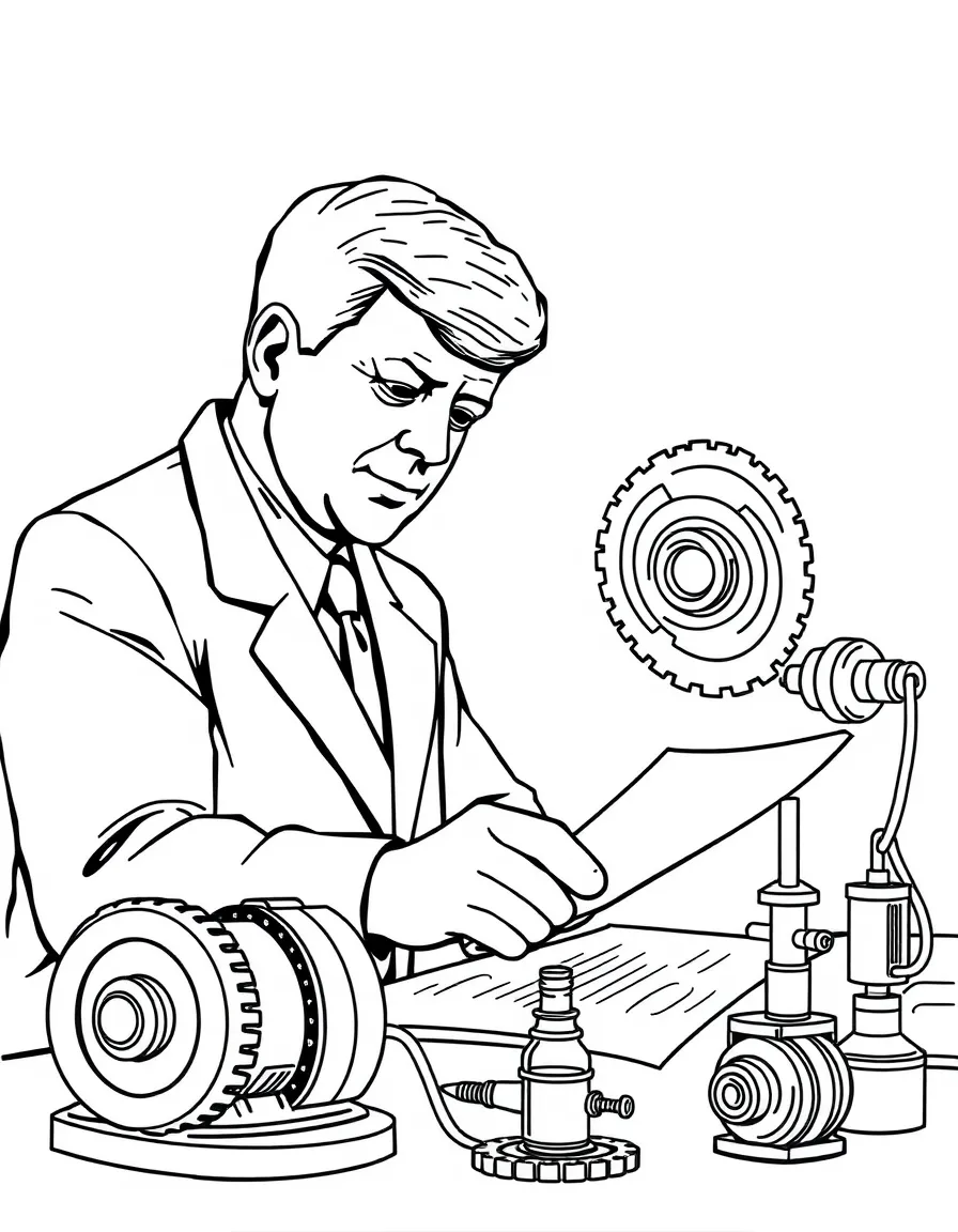 John F. Kennedy working on their famous invention or idea, with gears, papers, or lab equipment drawn simply.
