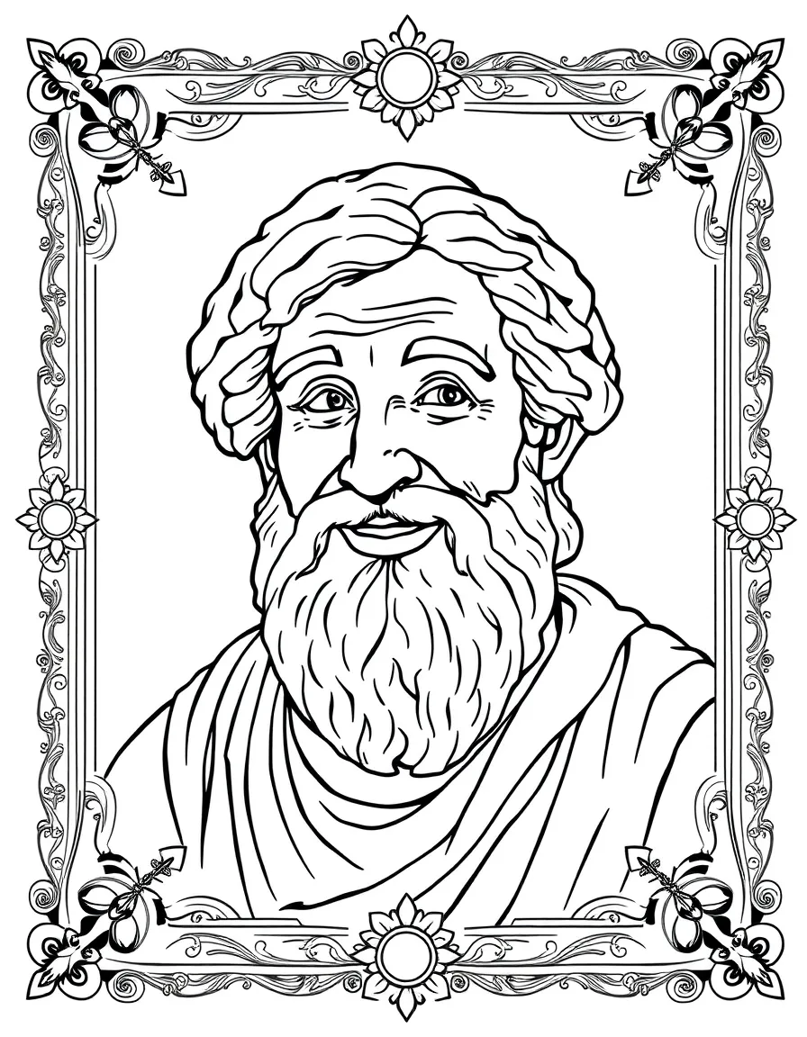 A portrait of Aristotle with a big smile, framed with decorative borders and symbols of their time period.