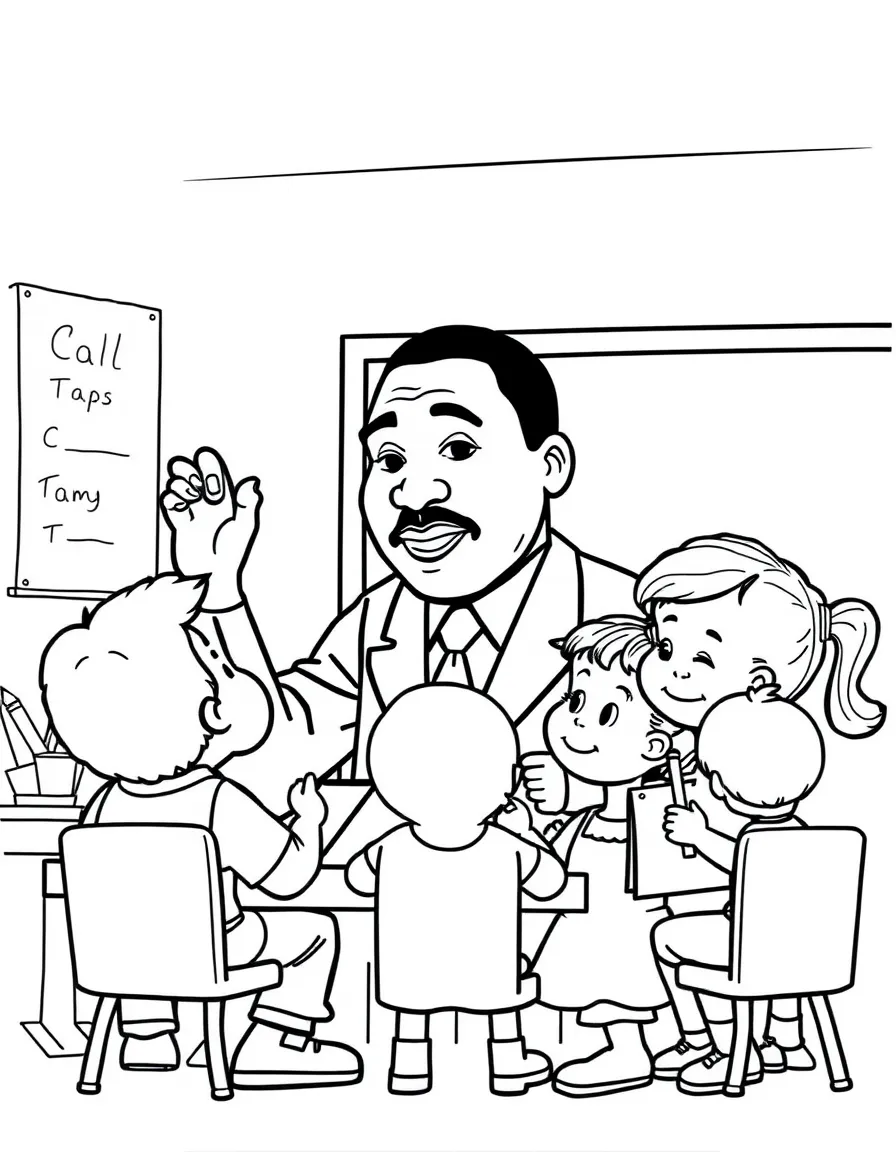 Martin Luther King Jr. teaching children, with educational items like chalkboards and pencils, in a friendly classroom scene.