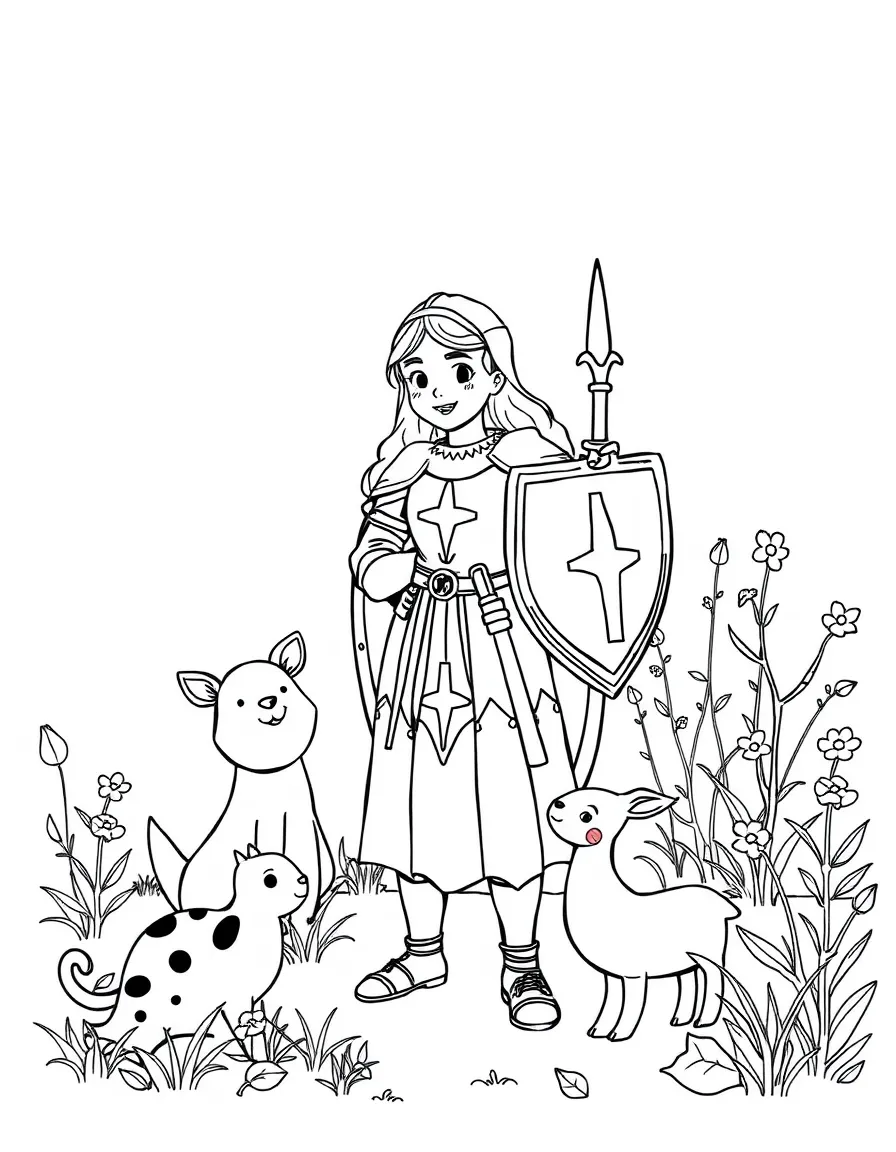 A playful scene showing Joan of Arc in a historical outfit with animals, plants, or kids nearby.