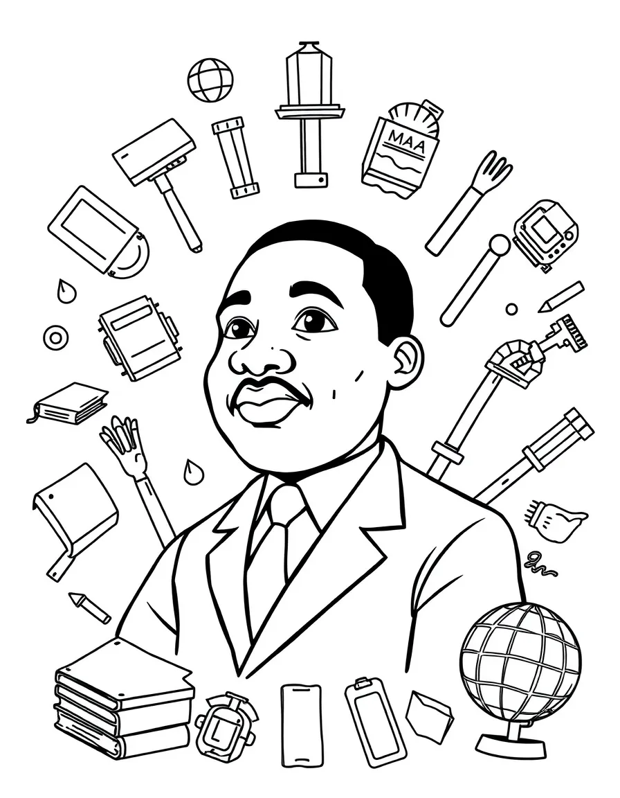 A cartoon-style drawing of Martin Luther King Jr. surrounded by symbols of their achievements, like books, tools, or globes.