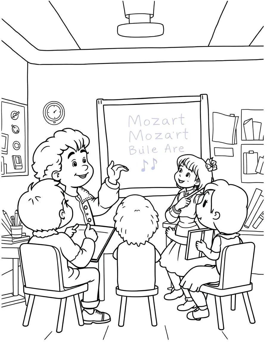 Mozart teaching children, with educational items like chalkboards and pencils, in a friendly classroom scene.