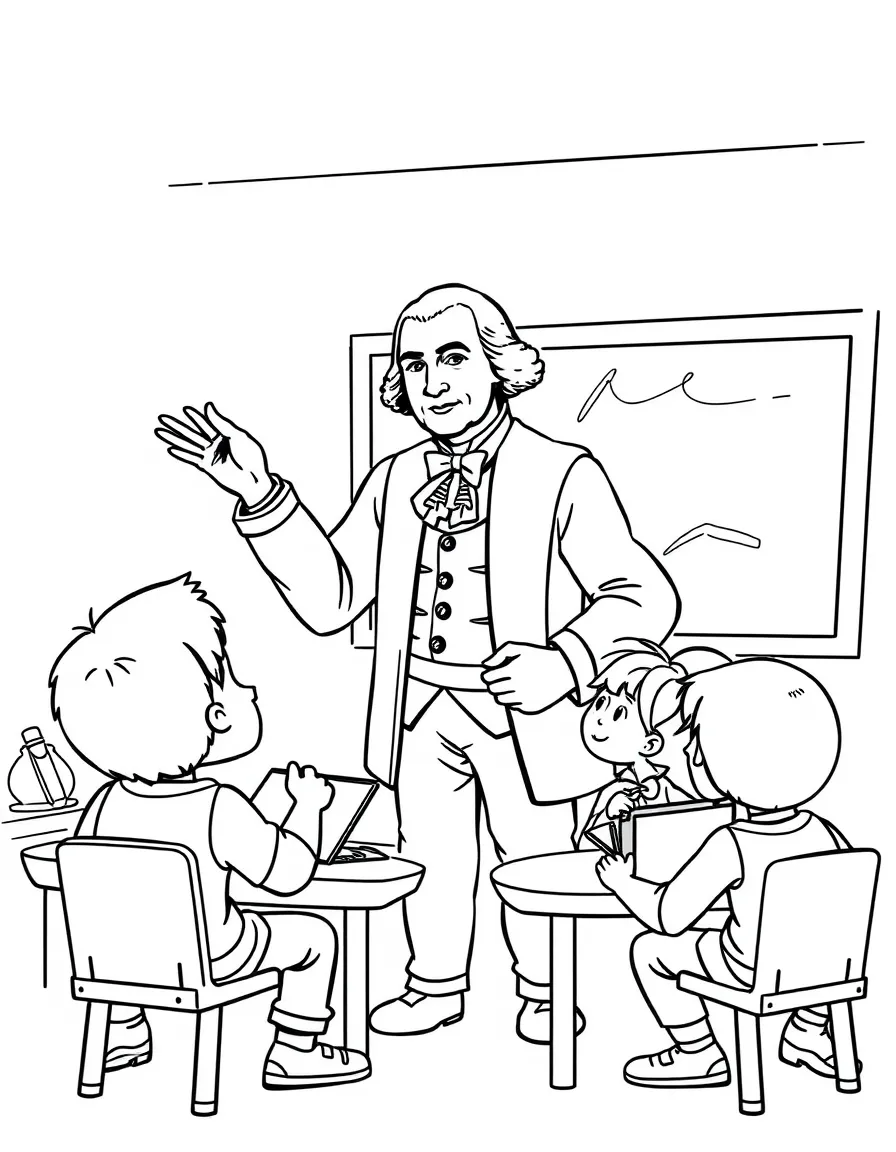 George Washington teaching children, with educational items like chalkboards and pencils, in a friendly classroom scene.