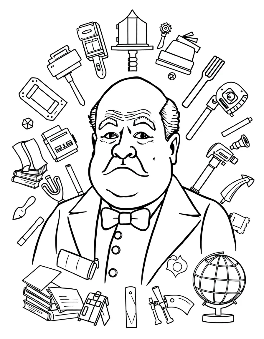 A cartoon-style drawing of Winston Churchill surrounded by symbols of their achievements, like books, tools, or globes.