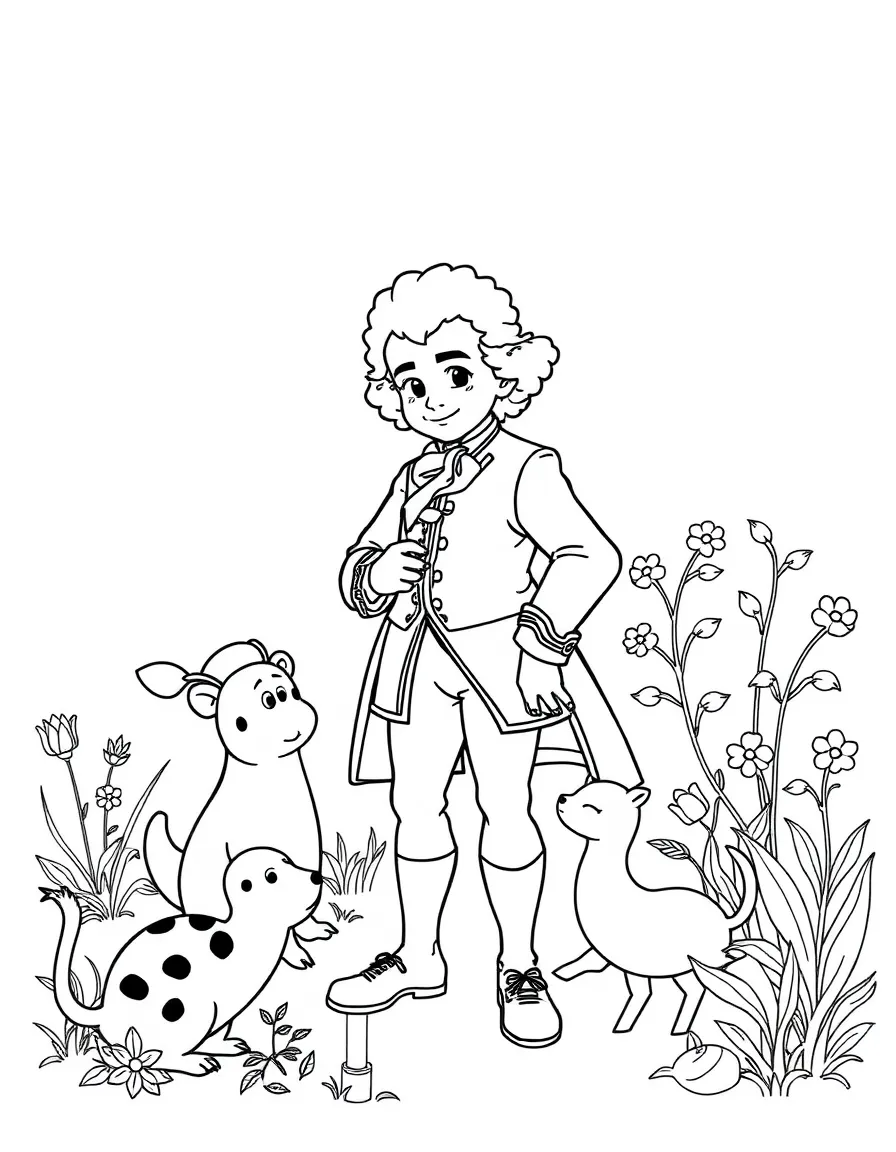A playful scene showing Mozart in a historical outfit with animals, plants, or kids nearby.