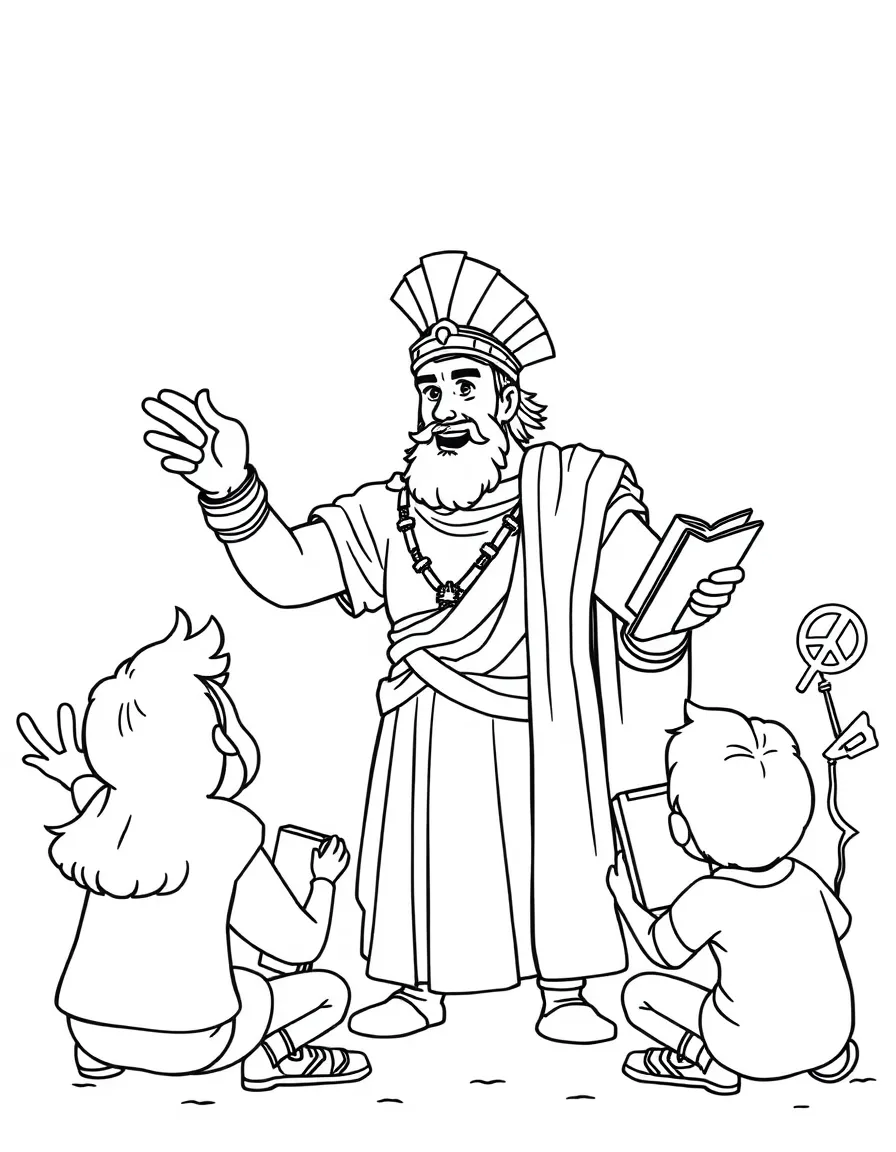 A fun coloring page of Alexander the Great giving a speech to children with books and peace signs around.