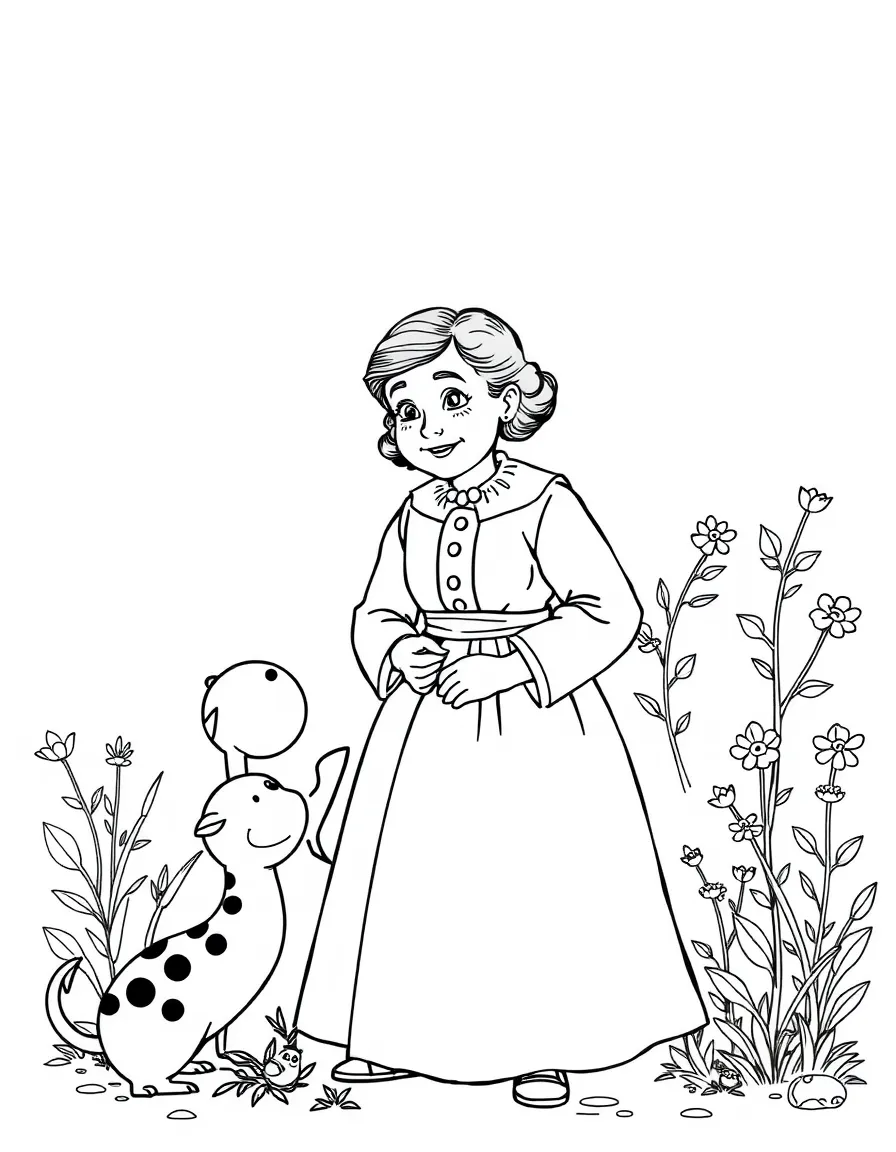 A playful scene showing Helen Keller in a historical outfit with animals, plants, or kids nearby.