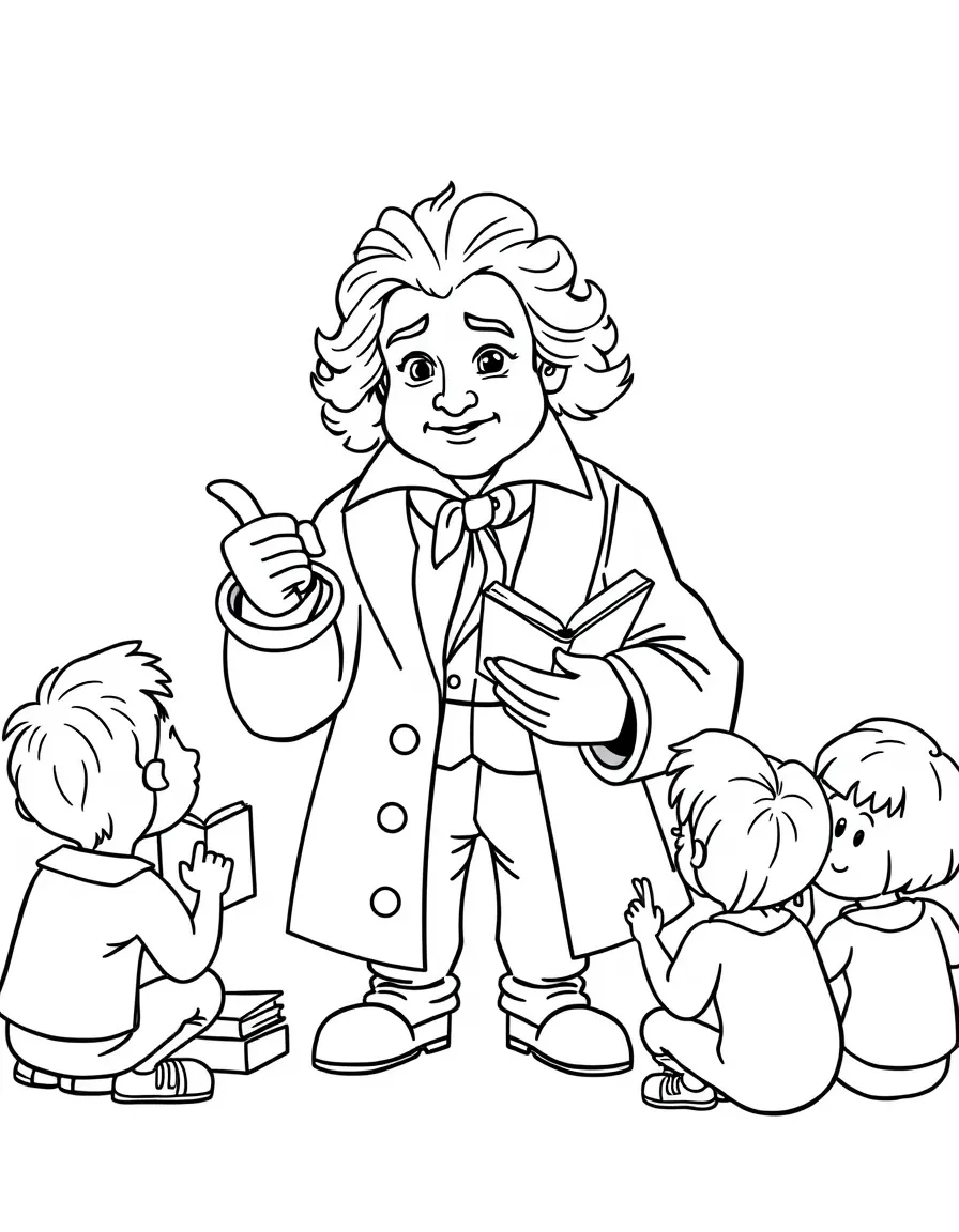 A fun coloring page of Beethoven giving a speech to children with books and peace signs around.