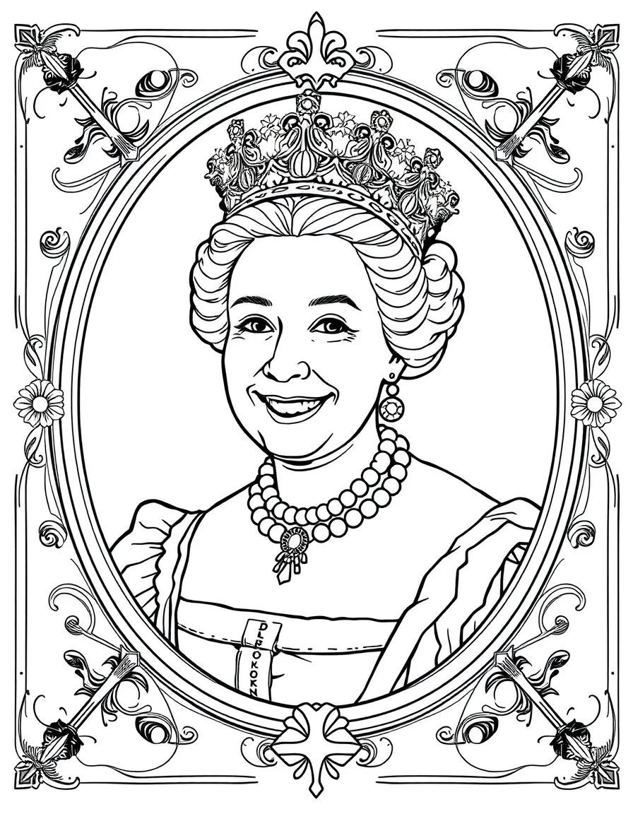 A portrait of Queen Elizabeth I with a big smile, framed with decorative borders and symbols of their time period.