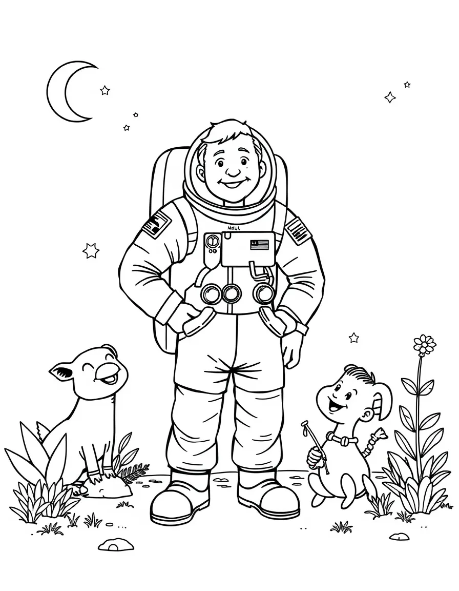 A playful scene showing Neil Armstrong in a historical outfit with animals, plants, or kids nearby.