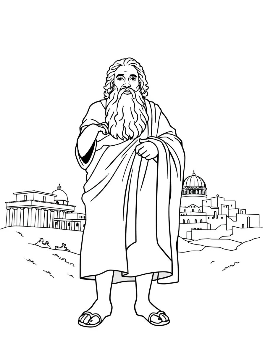 Socrates standing proudly with historical landmarks in the background, drawn with clear bold lines for coloring.