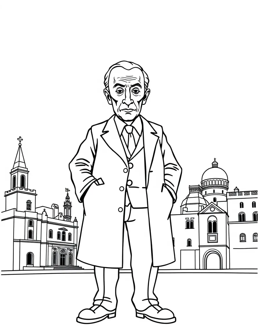 Pablo Picasso standing proudly with historical landmarks in the background, drawn with clear bold lines for coloring.