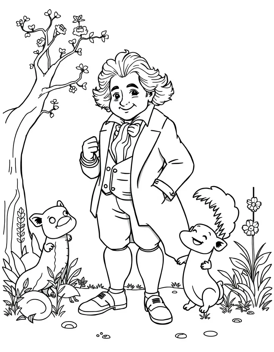 A playful scene showing Beethoven in a historical outfit with animals, plants, or kids nearby.