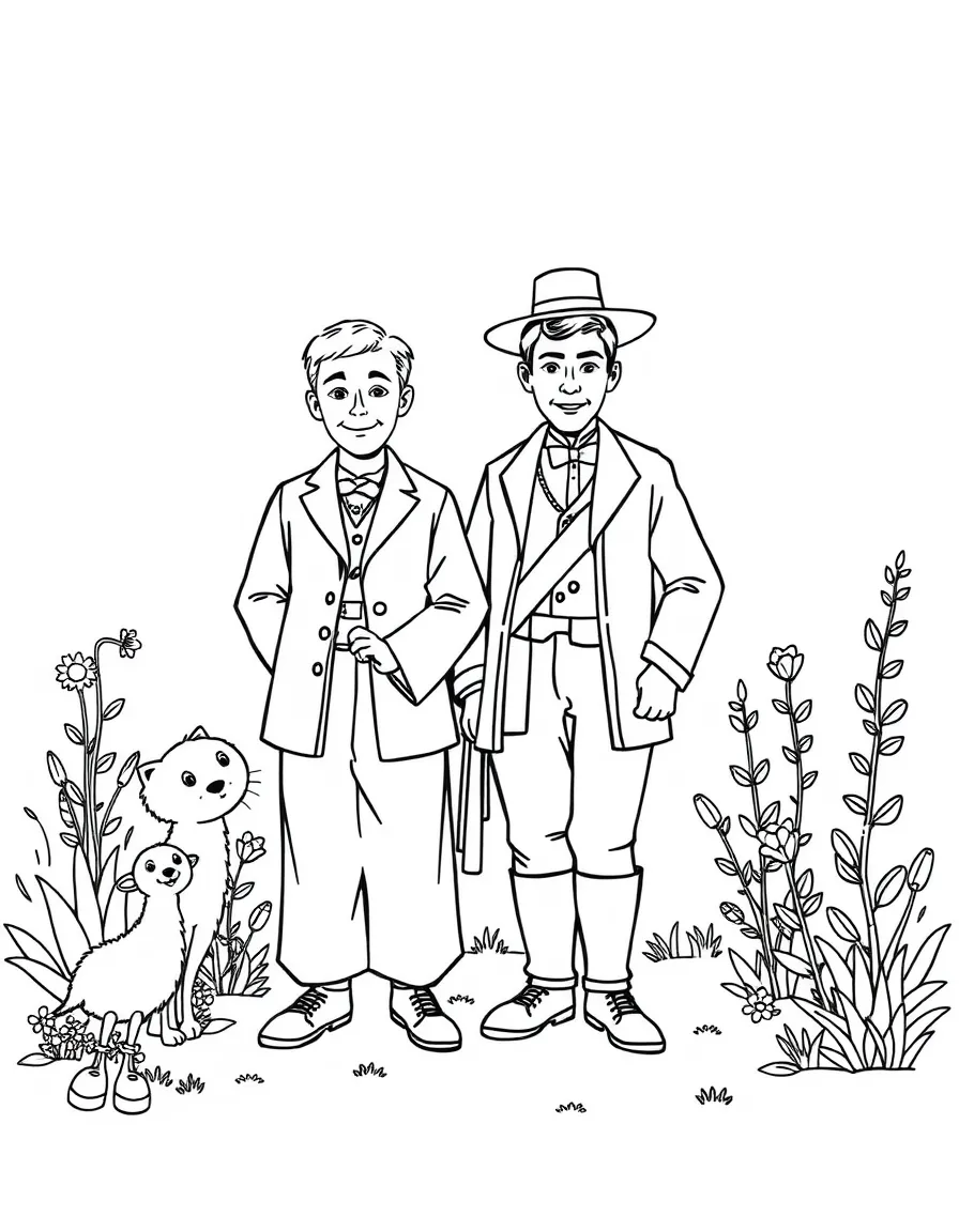 A playful scene showing The Wright Brothers in a historical outfit with animals, plants, or kids nearby.