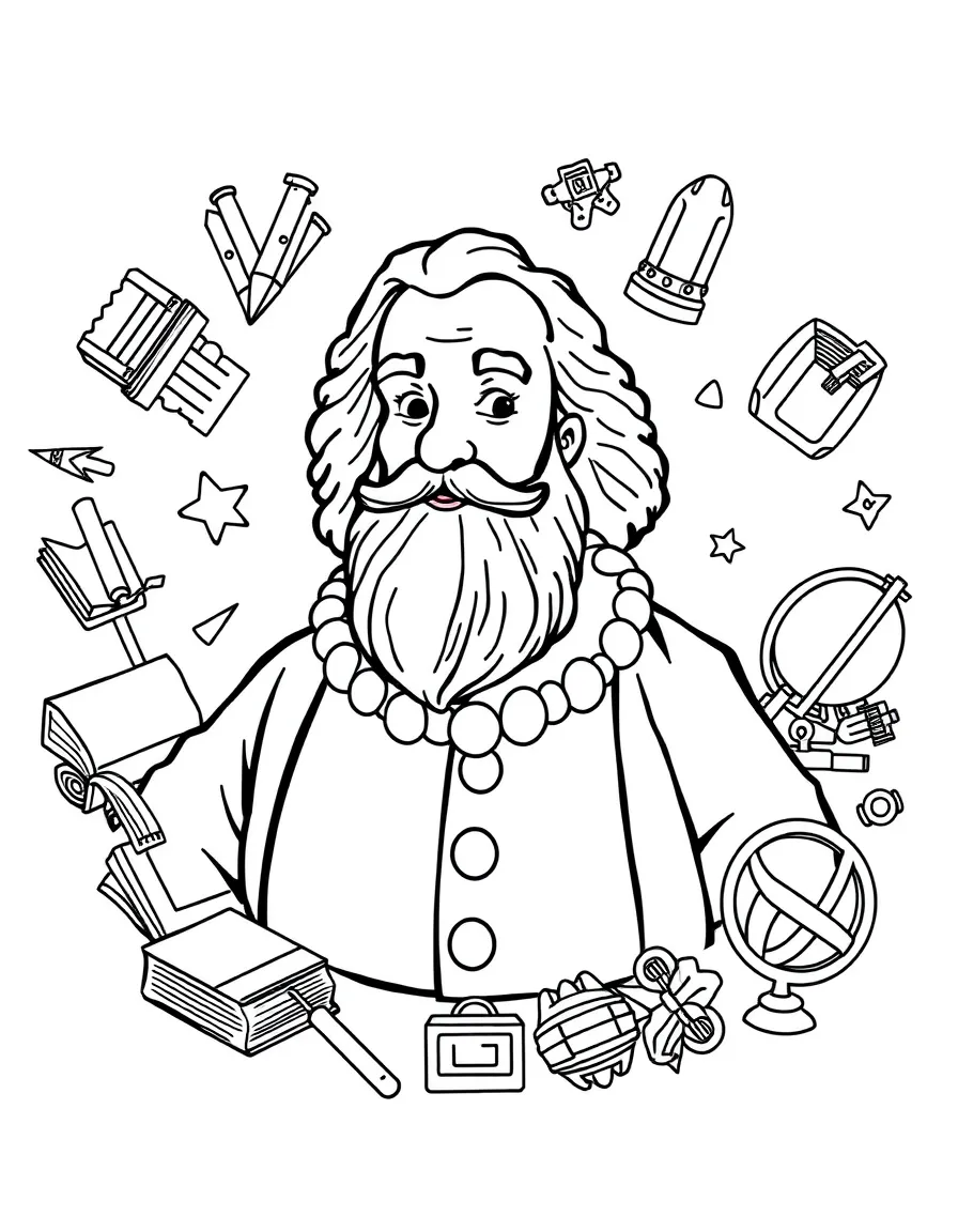 A cartoon-style drawing of Galileo Galilei surrounded by symbols of their achievements, like books, tools, or globes.
