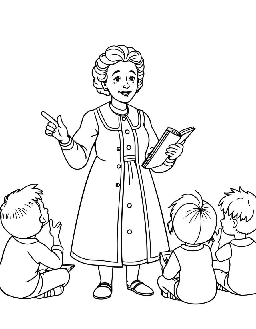 A fun coloring page of Marie Curie giving a speech to children with books and peace signs around.