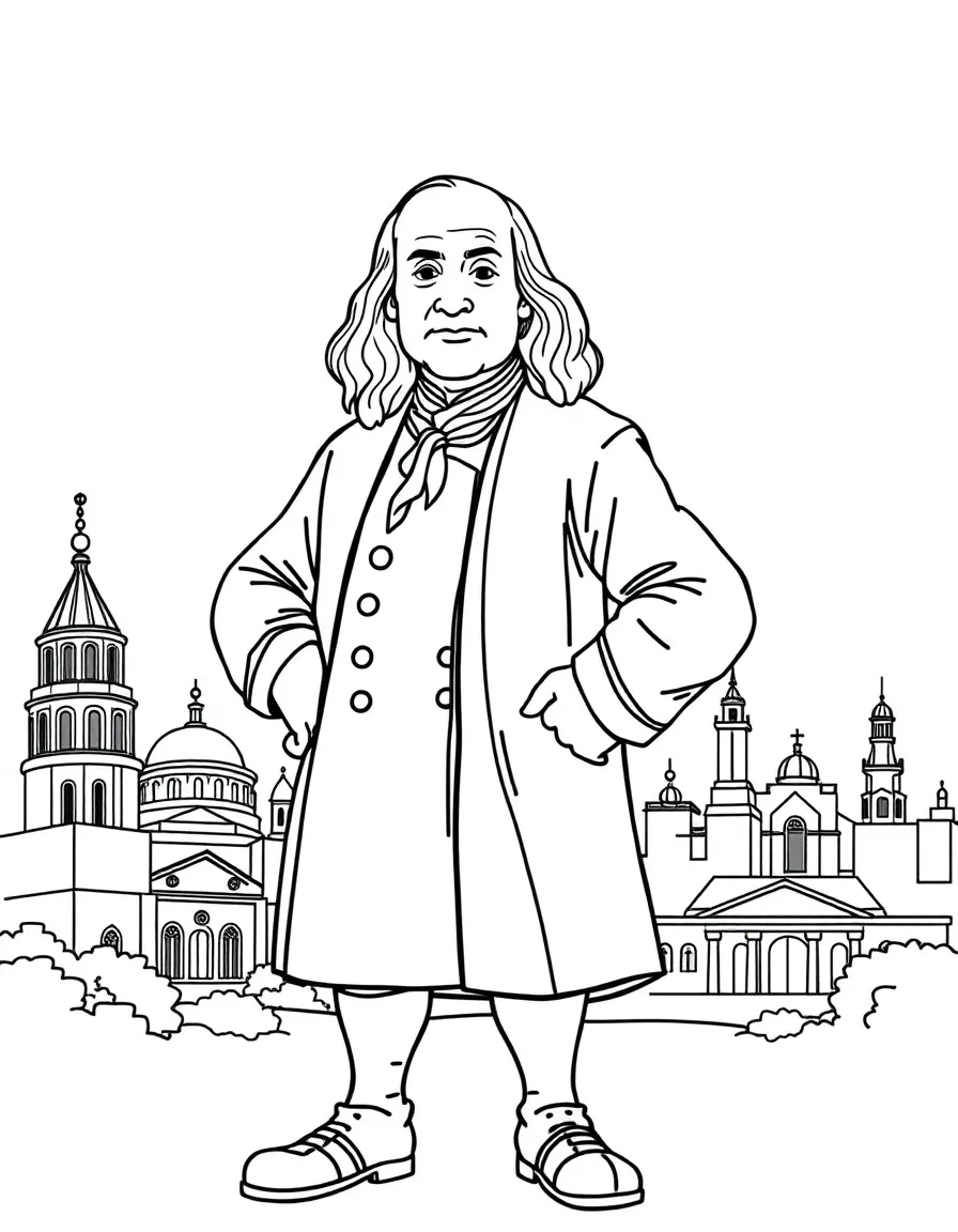 Benjamin Franklin standing proudly with historical landmarks in the background, drawn with clear bold lines for coloring.