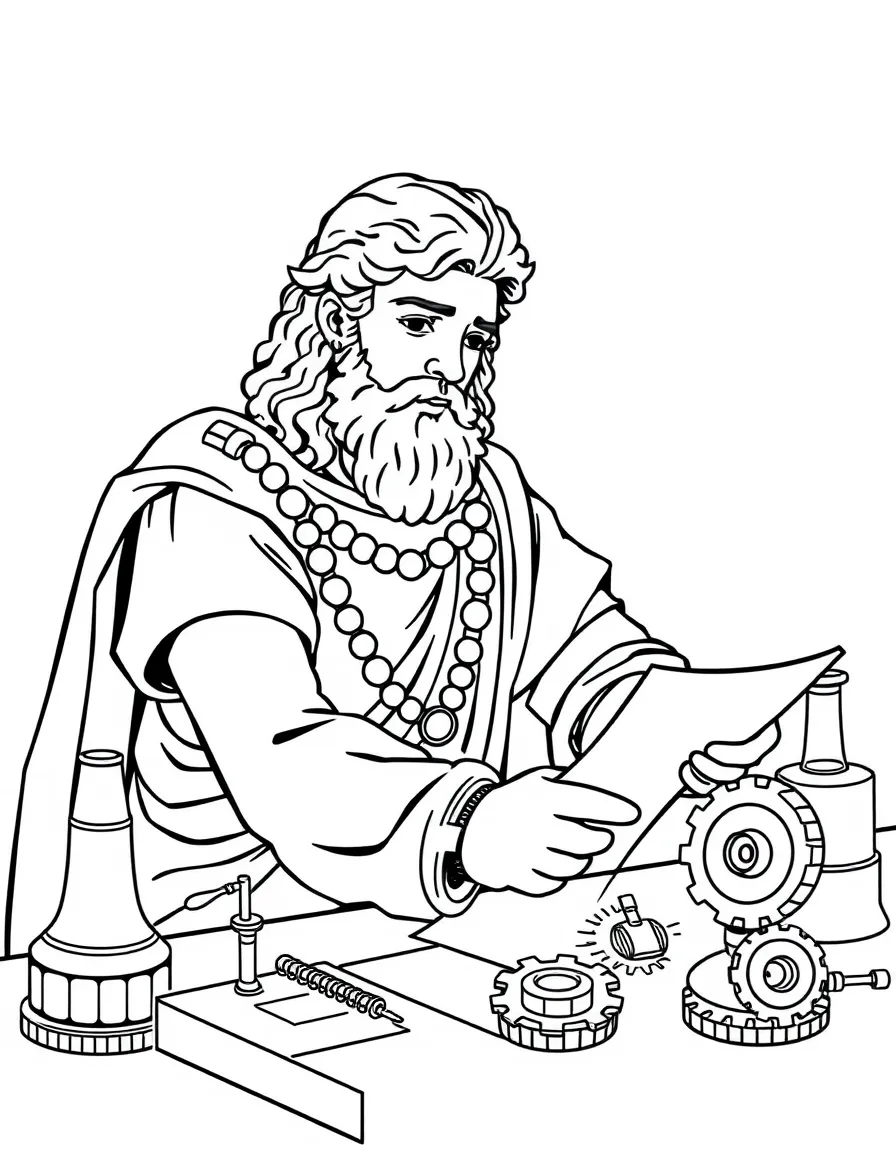 Alexander the Great working on their famous invention or idea, with gears, papers, or lab equipment drawn simply.