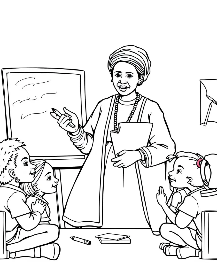 Harriet Tubman teaching children, with educational items like chalkboards and pencils, in a friendly classroom scene.