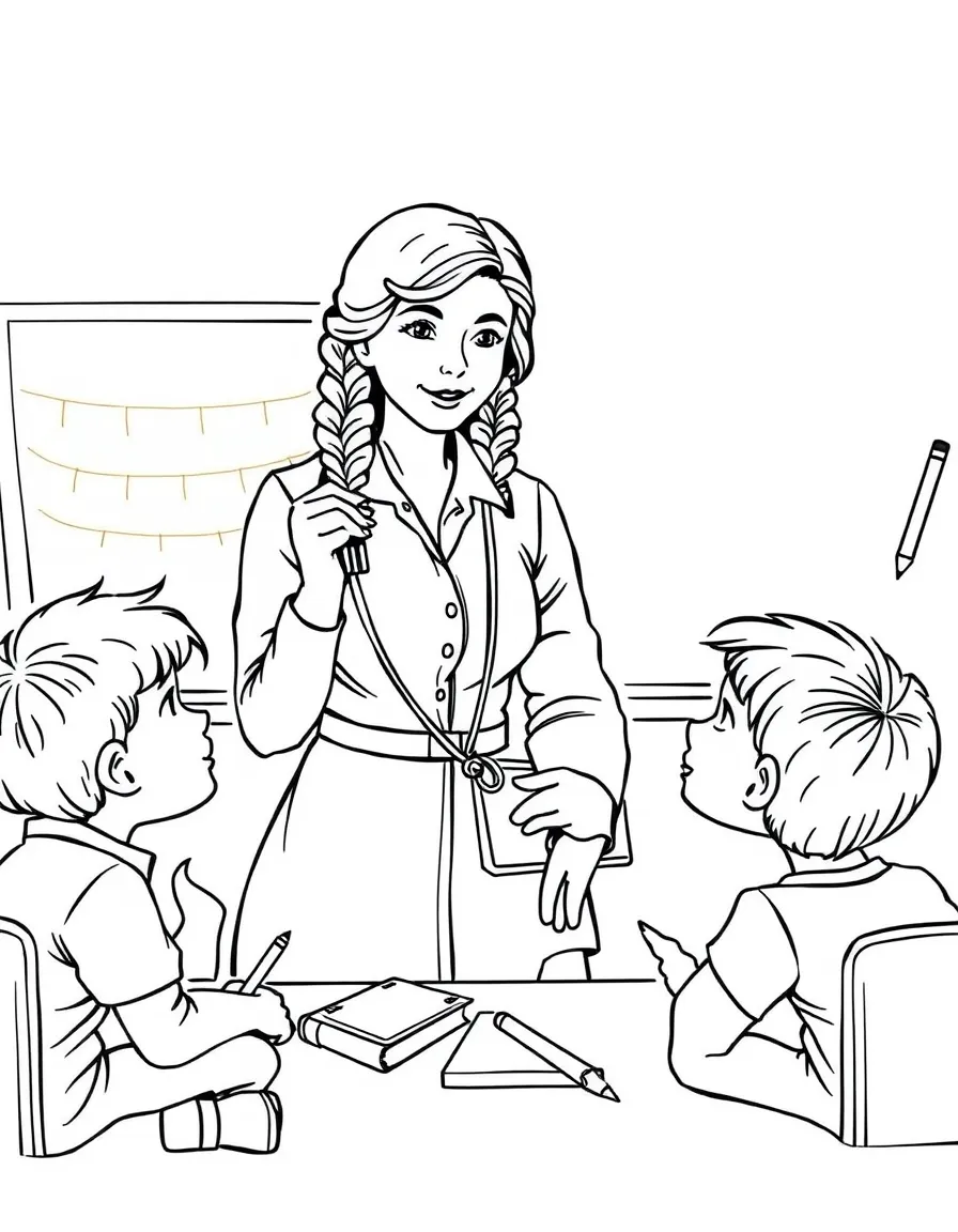 Amelia Earhart teaching children, with educational items like chalkboards and pencils, in a friendly classroom scene.