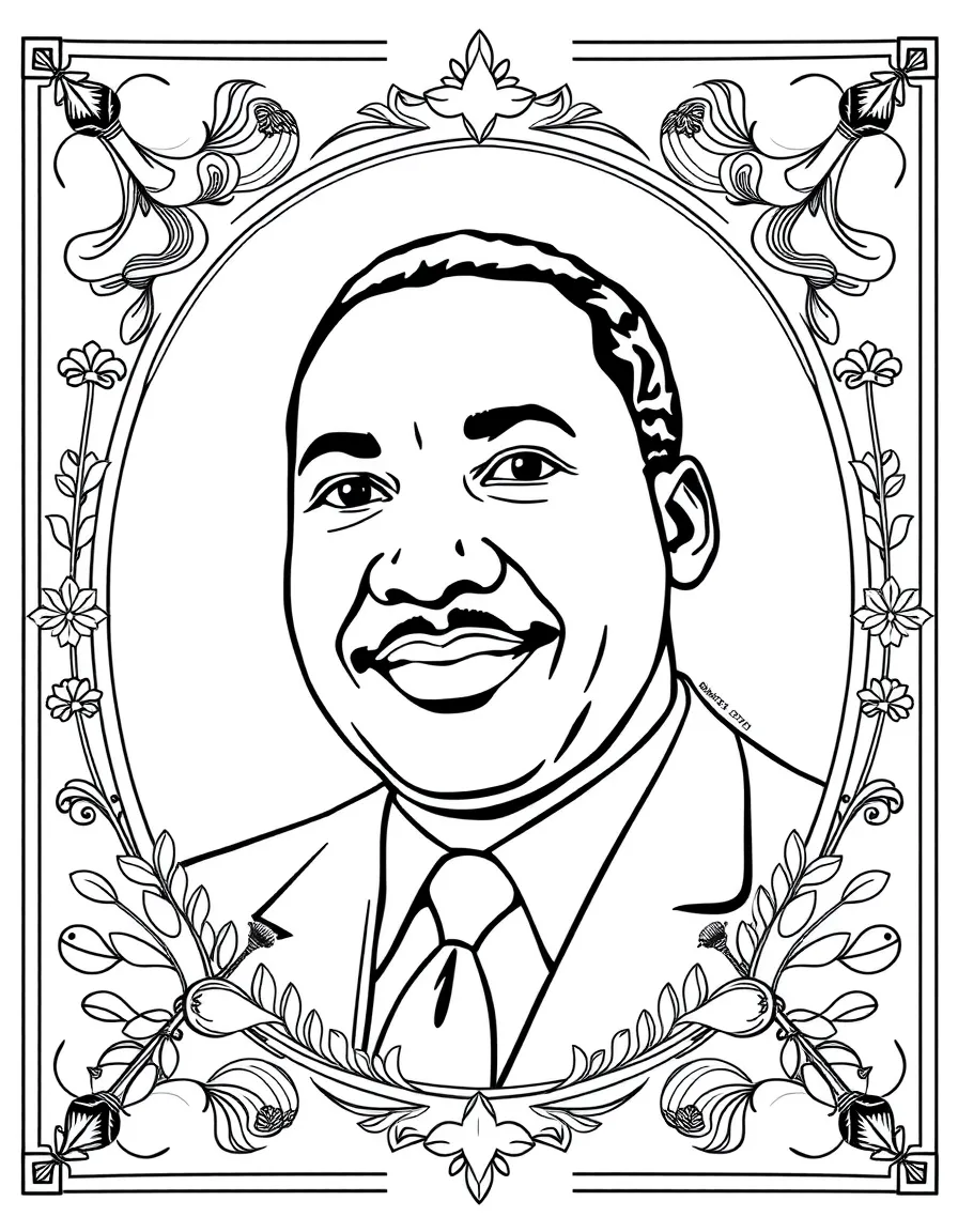 A portrait of Martin Luther King Jr. with a big smile, framed with decorative borders and symbols of their time period.
