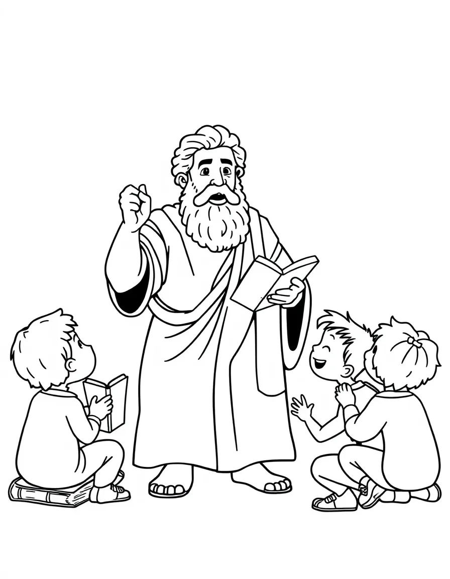 A fun coloring page of Socrates giving a speech to children with books and peace signs around.