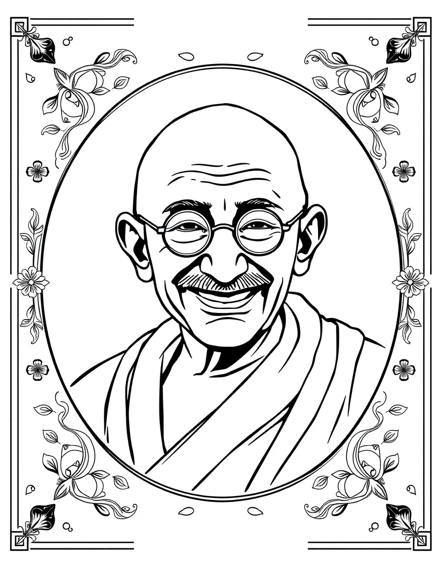 A portrait of Mahatma Gandhi with a big smile, framed with decorative borders and symbols of their time period.