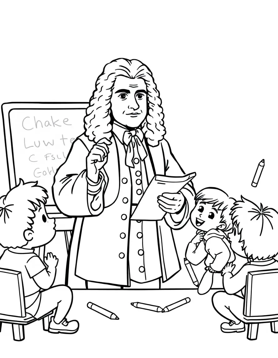 Isaac Newton teaching children, with educational items like chalkboards and pencils, in a friendly classroom scene.