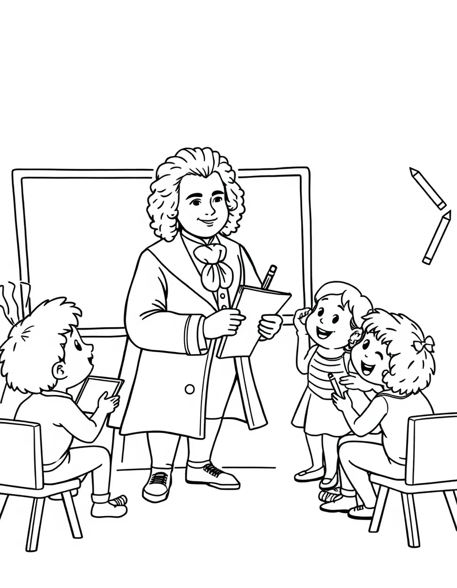 Mozart teaching children, with educational items like chalkboards and pencils, in a friendly classroom scene.