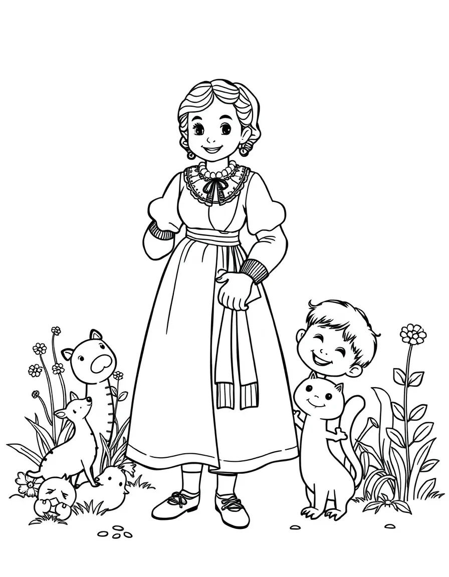 A playful scene showing Susan B. Anthony in a historical outfit with animals, plants, or kids nearby.