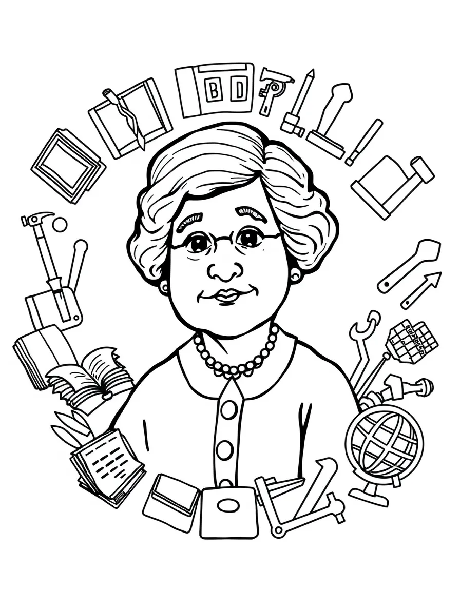 A cartoon-style drawing of Helen Keller surrounded by symbols of their achievements, like books, tools, or globes.