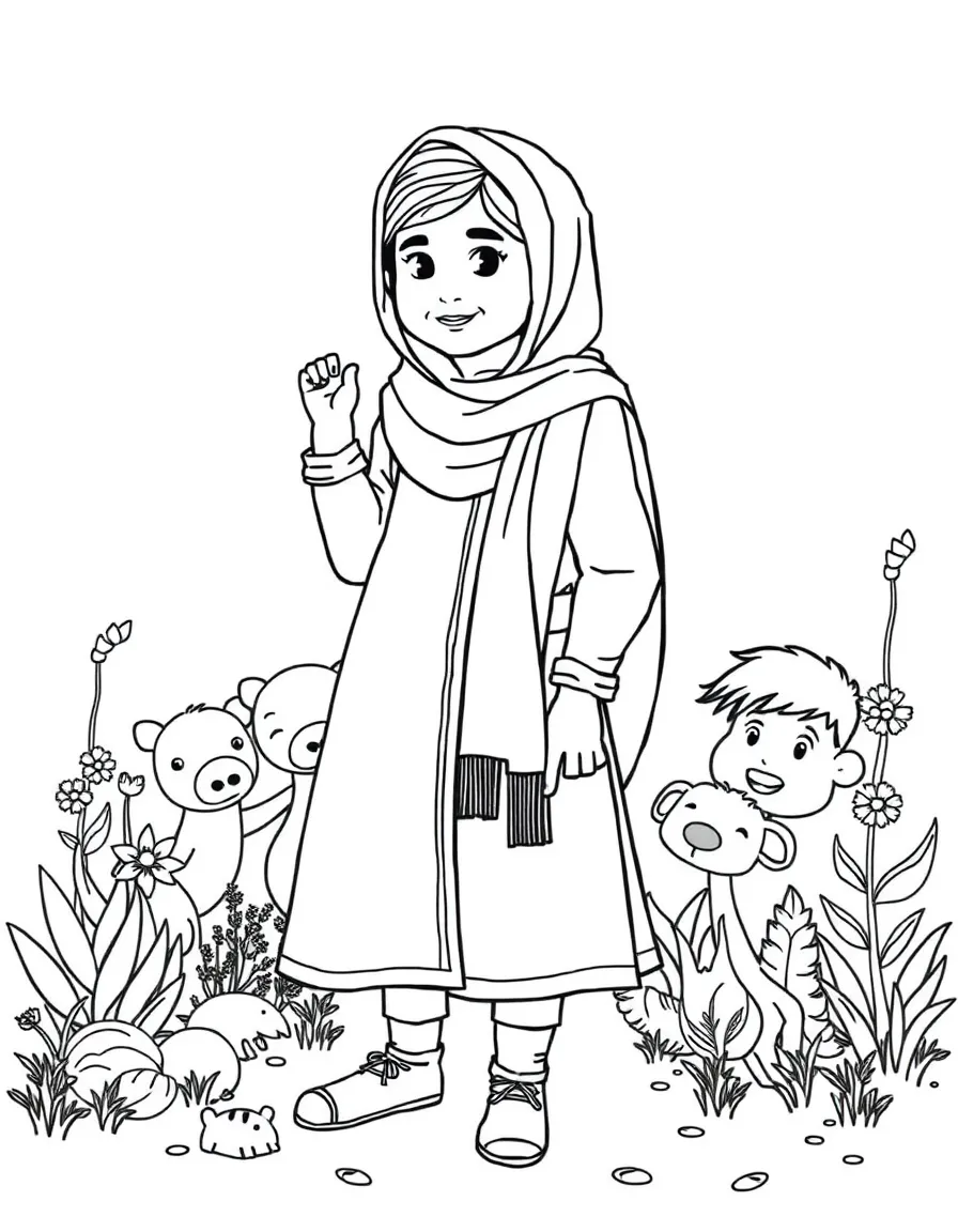 A playful scene showing Malala Yousafzai in a historical outfit with animals, plants, or kids nearby.