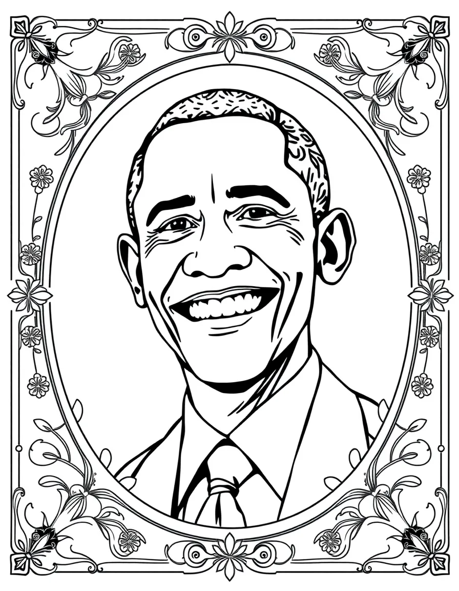 A portrait of Barack Obama with a big smile, framed with decorative borders and symbols of their time period.