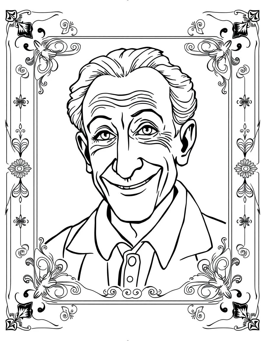 A portrait of Pablo Picasso with a big smile, framed with decorative borders and symbols of their time period.
