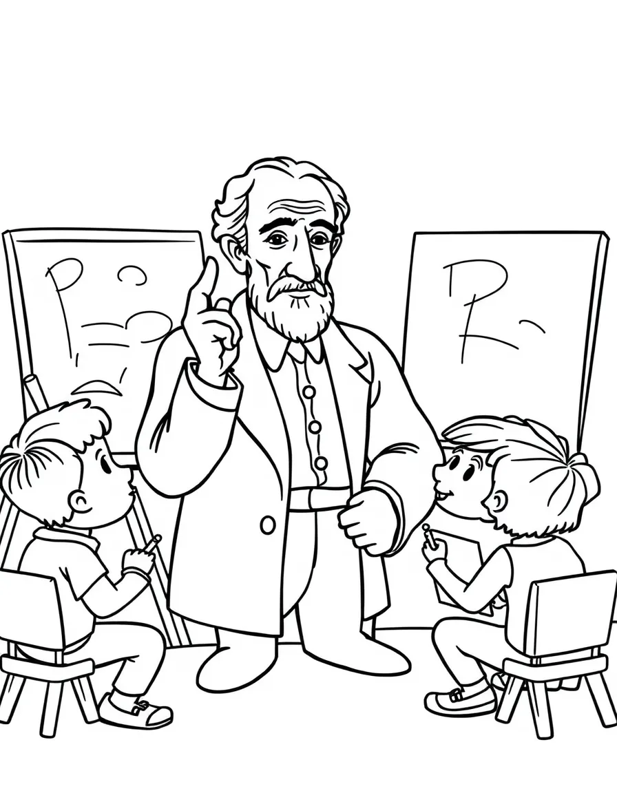 Pablo Picasso teaching children, with educational items like chalkboards and pencils, in a friendly classroom scene.