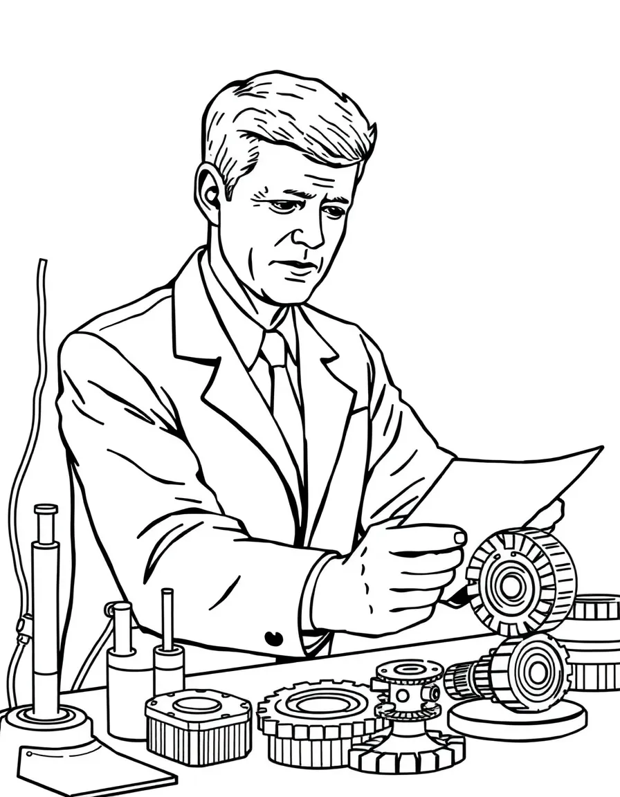 John F. Kennedy working on their famous invention or idea, with gears, papers, or lab equipment drawn simply.
