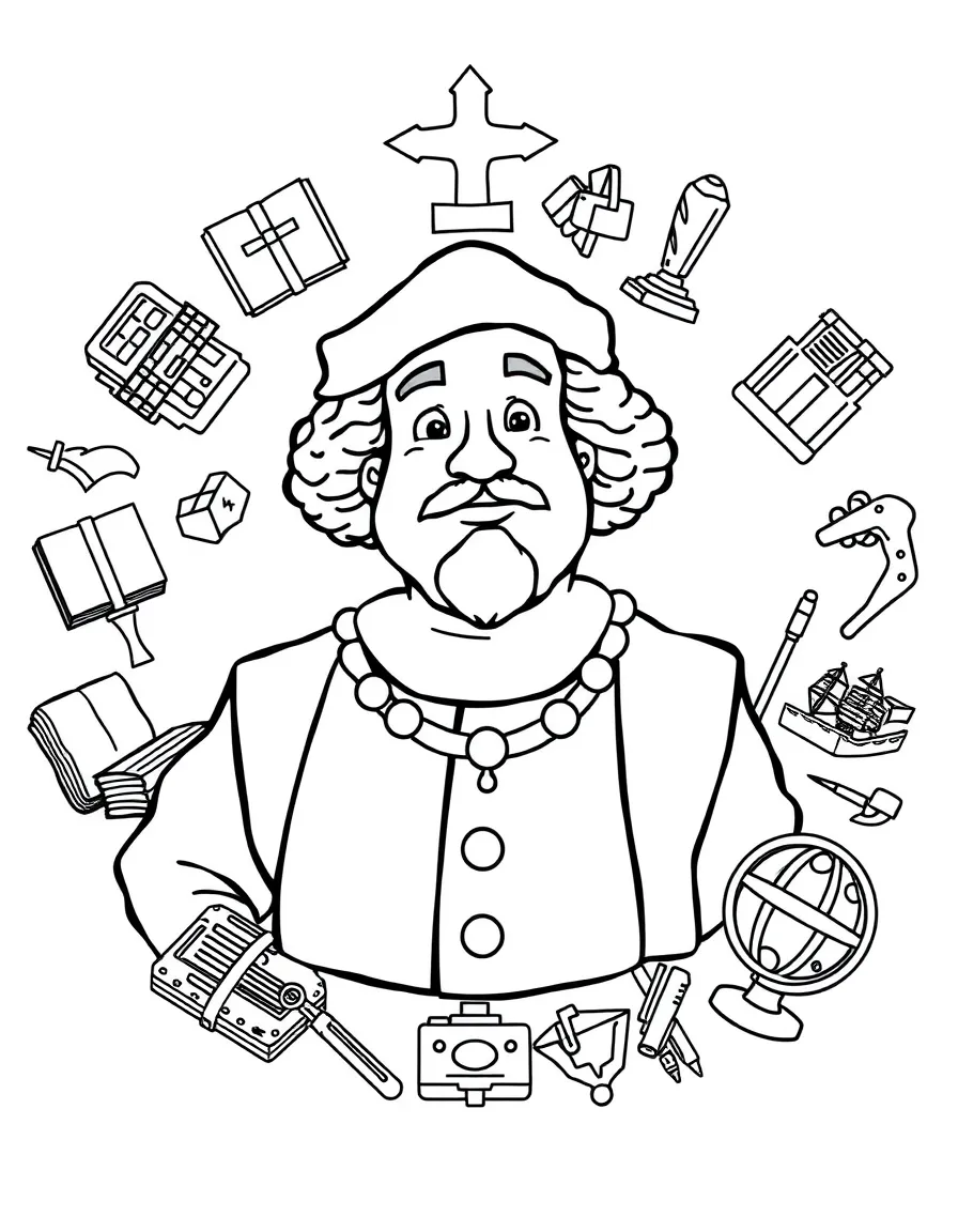 A cartoon-style drawing of Christopher Columbus surrounded by symbols of their achievements, like books, tools, or globes.