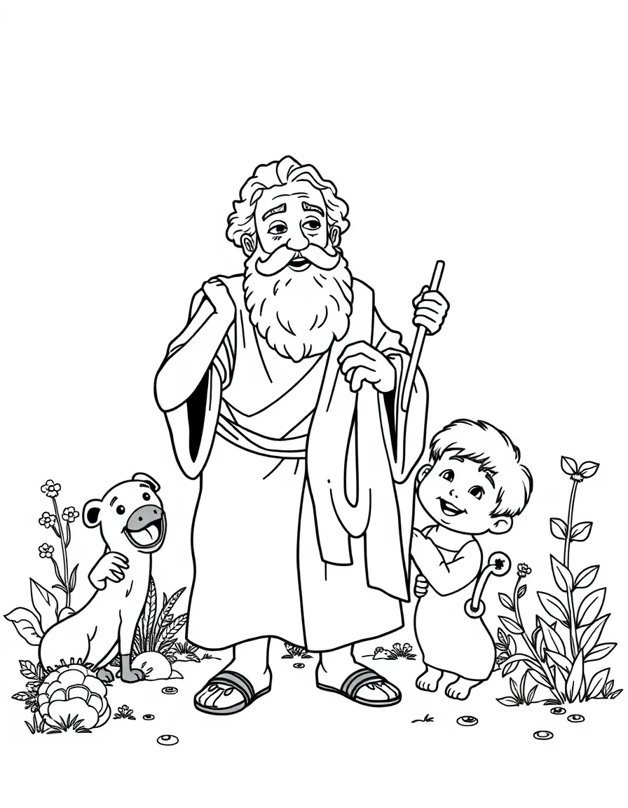 A playful scene showing Socrates in a historical outfit with animals, plants, or kids nearby.