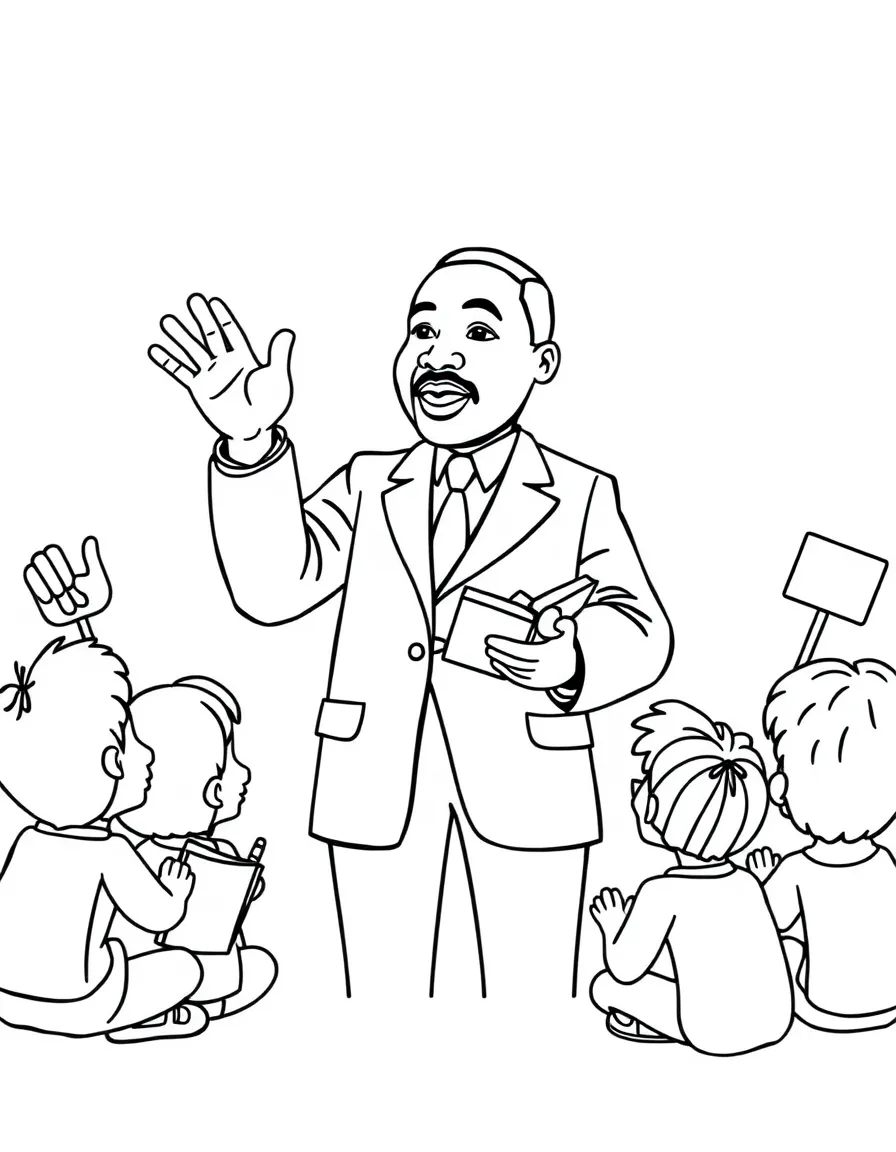 A fun coloring page of Martin Luther King Jr. giving a speech to children with books and peace signs around.