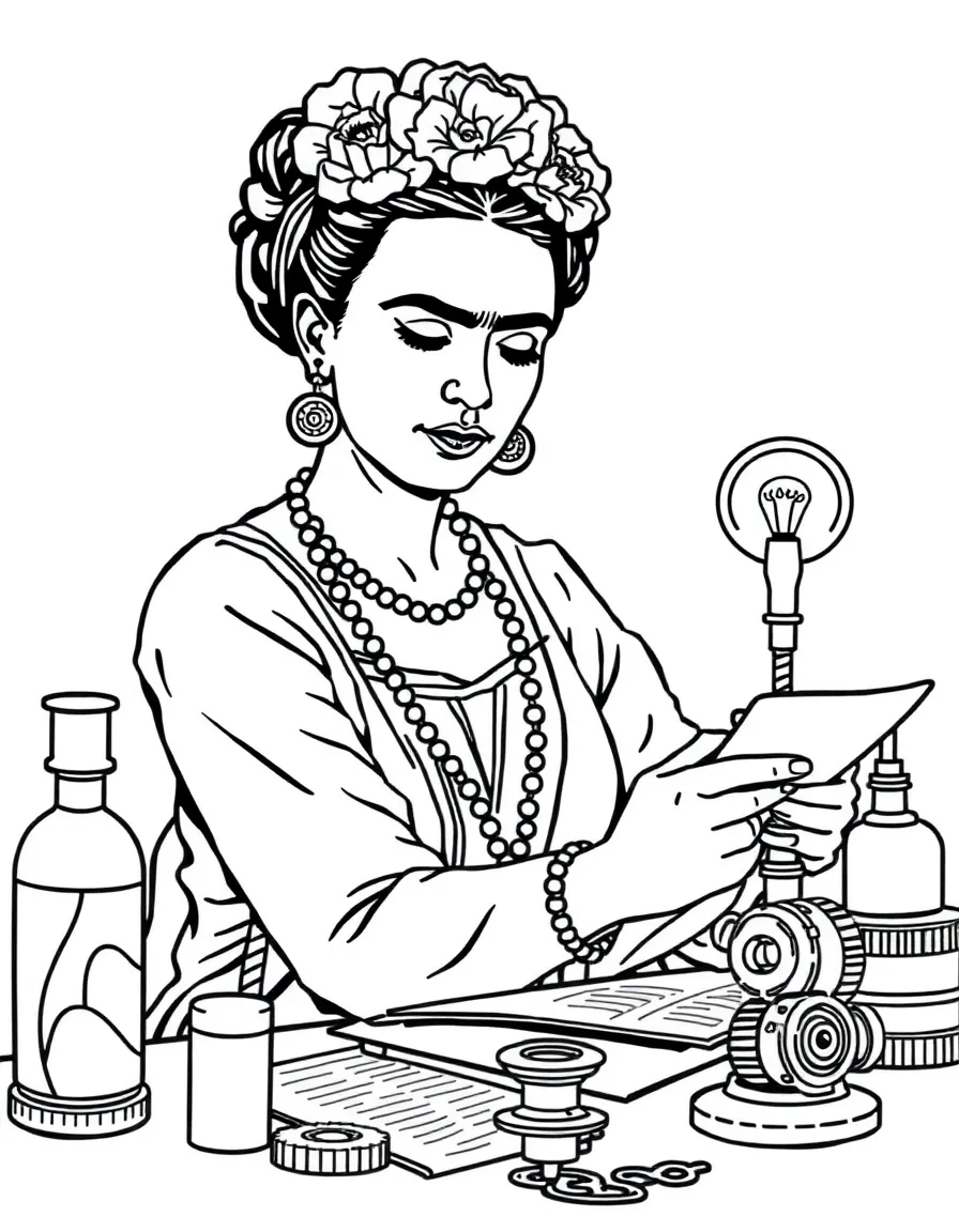 Frida Kahlo working on their famous invention or idea, with gears, papers, or lab equipment drawn simply.